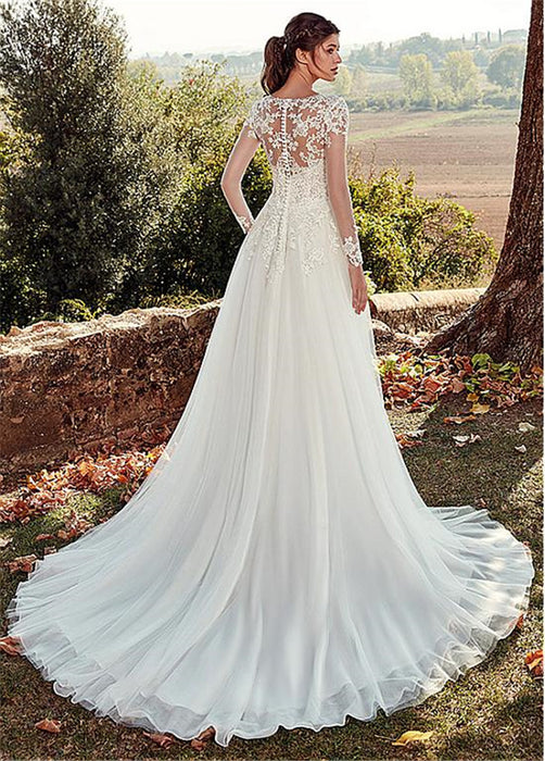 Robe de mariée simple en dentelle, col en U, manches longues, ligne a, longue queue