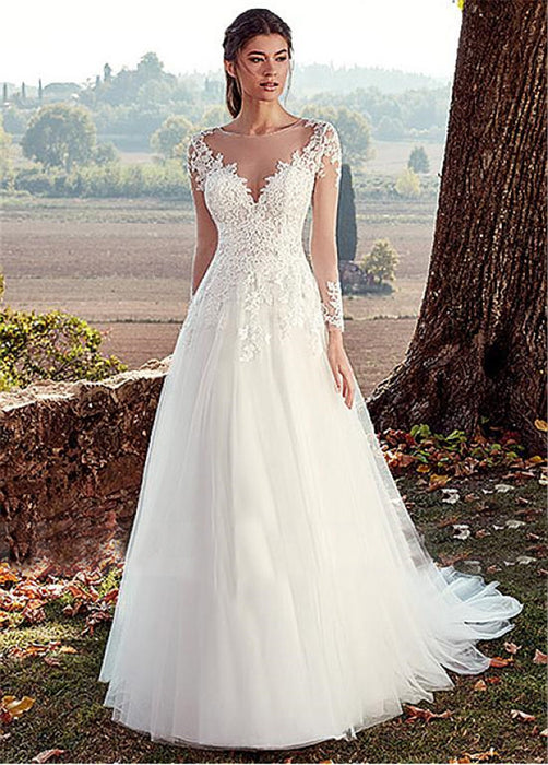 Robe de mariée simple en dentelle, col en U, manches longues, ligne a, longue queue