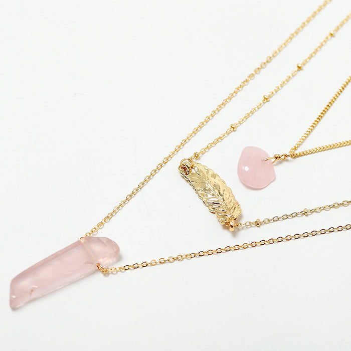 Women 3 Layer Necklace Gold Leaf Pink Natural Stone Multilayer Sweater Chain Collar Necklace Jewelry Gift